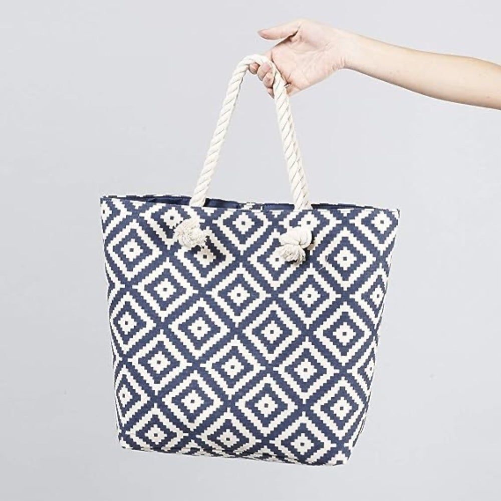 Summer & Rose Beach Tote Navy and Cream Diamond Pattern Rope Handles New